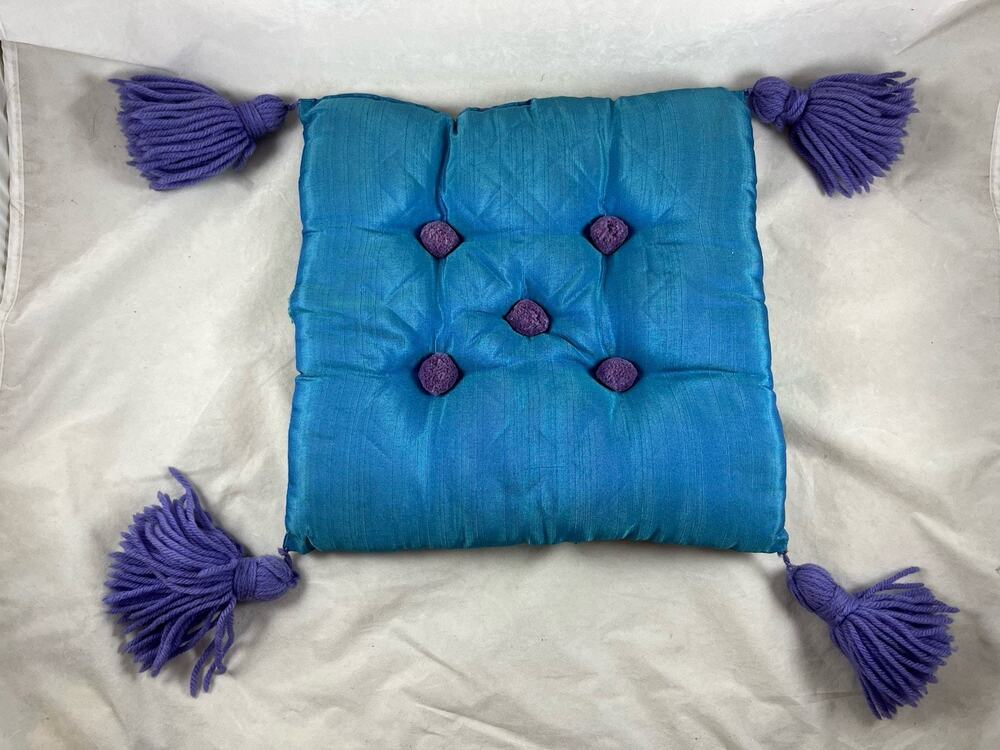 Blue Throw Pillow Purple Tassels Pom Accents 13.5" Square Mid Century 1950s 60s